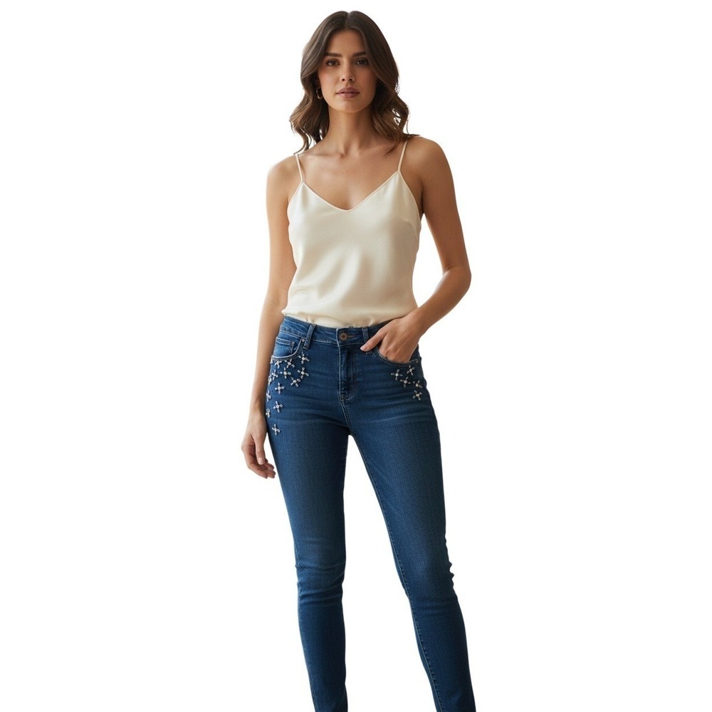 Ann Taylor Modern Skinny Jeans 26x29 Floral Rhinestone Fits 2 Preppy Stretch